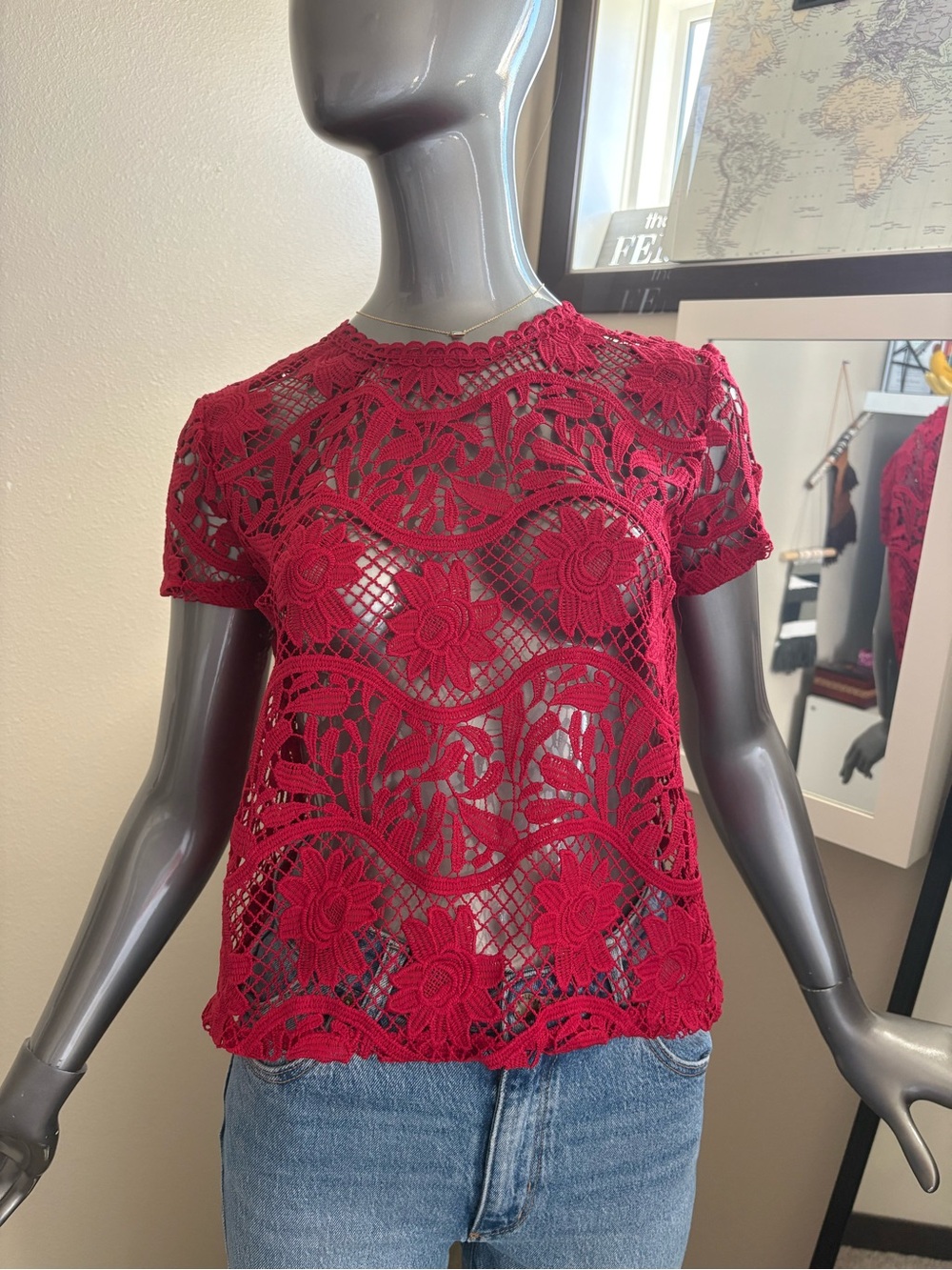 Zara Red Floral Crochet Lace Short Sleeve Top
